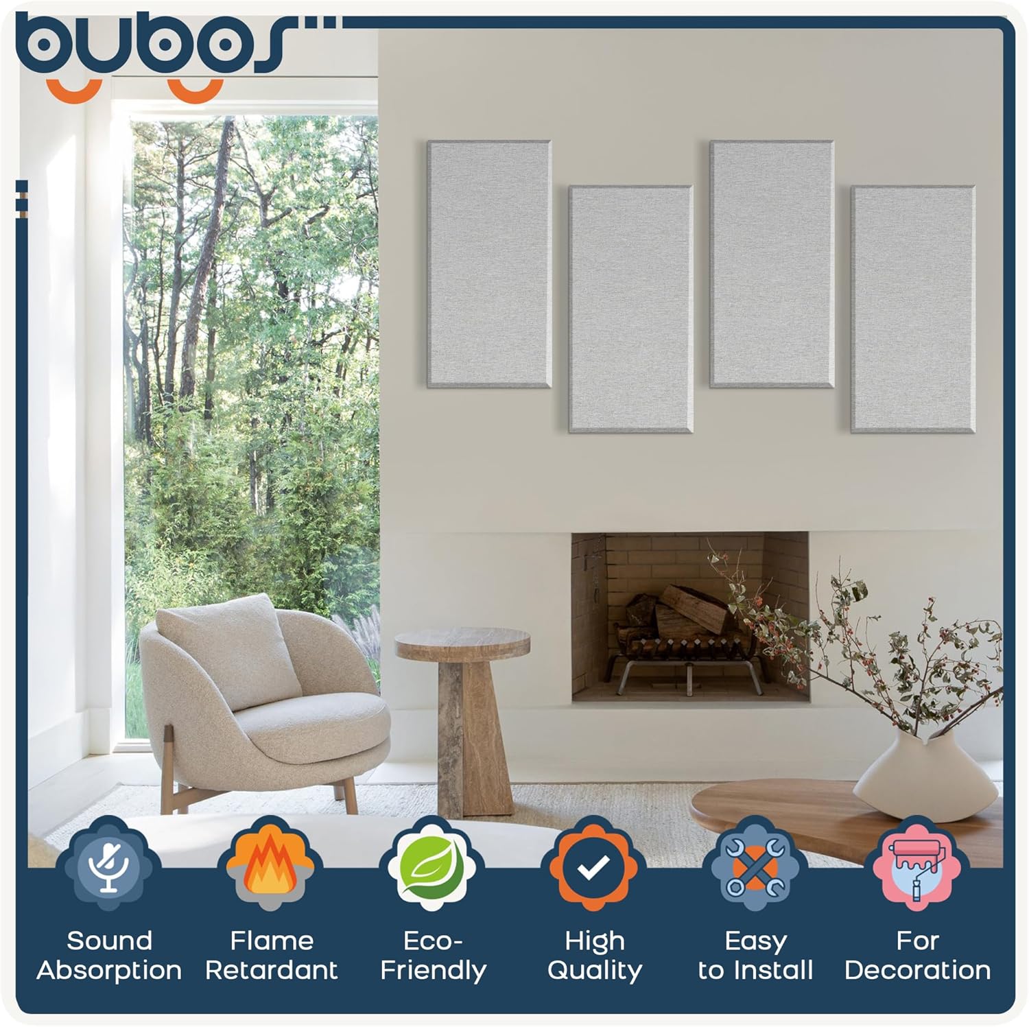 BUBOS 4 PCS Acoustic Panels,23.6''x11.8'' Fabric Soundproof Wall Panels,Self-adhesive Sound Absorbing Panels for Studios, Office, Home Theater,Fabric-Clad Grey