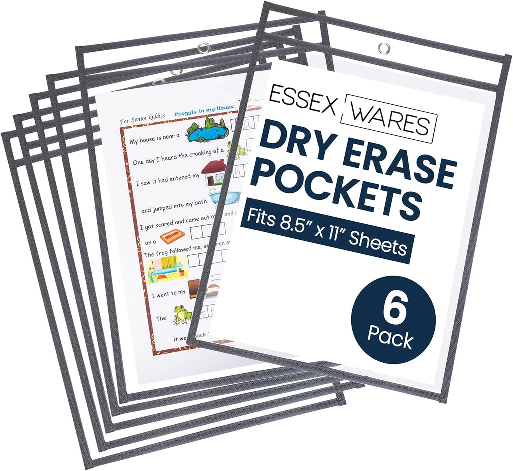 Essex Wares - 6 Pack, Dark Gray, Water-Resistant Dry Erase Pocket Document Protectors, 10" Wide x 13.5" Tall - Dry Erase Clear Plastic Sleeves - Reusable & Easy Erase Plastic Invoice Holders