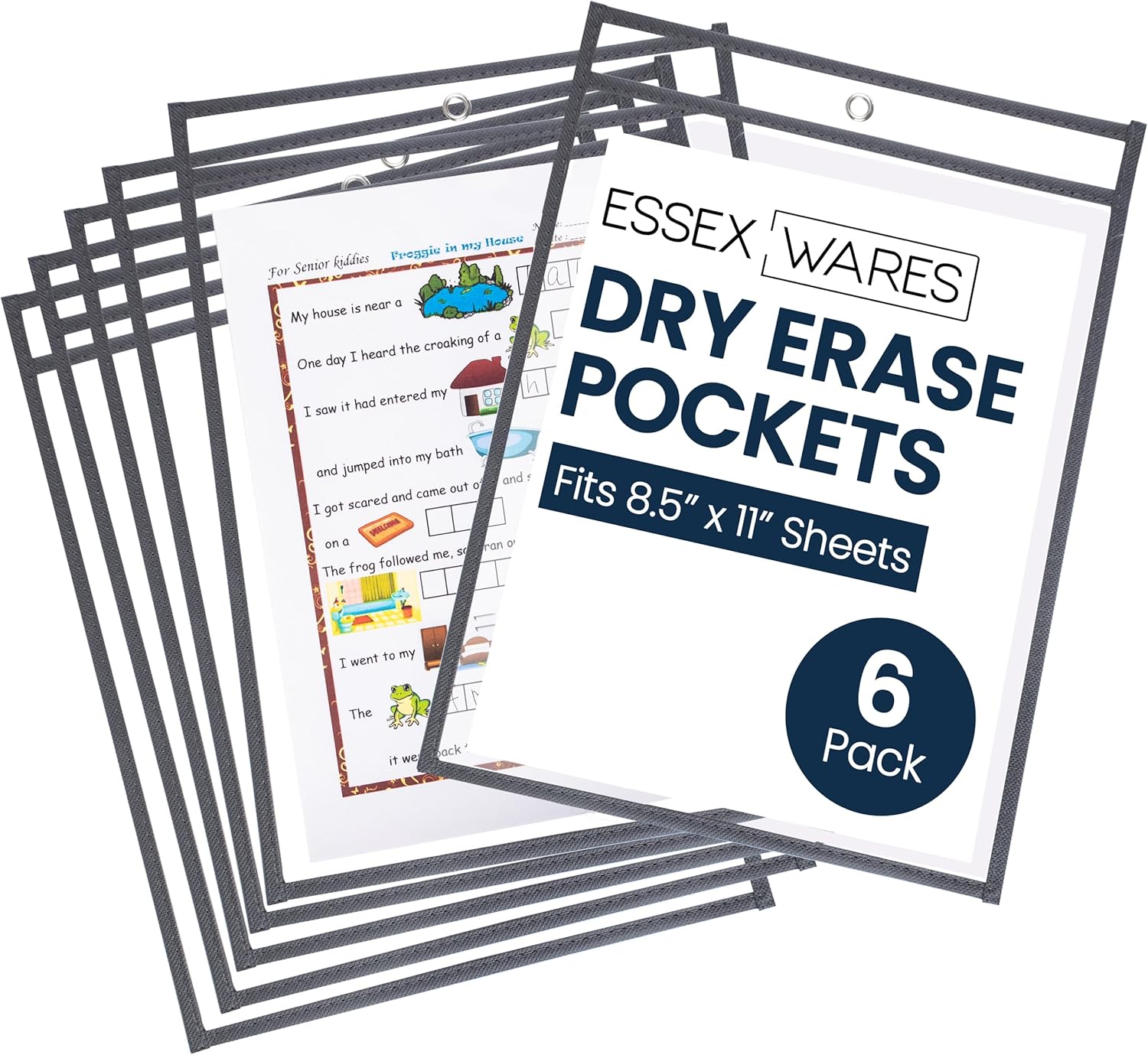 Essex Wares - 6 Pack, Dark Gray, Water-Resistant Dry Erase Pocket Document Protectors, 10" Wide x 13.5" Tall - Dry Erase Clear Plastic Sleeves - Reusable & Easy Erase Plastic Invoice Holders