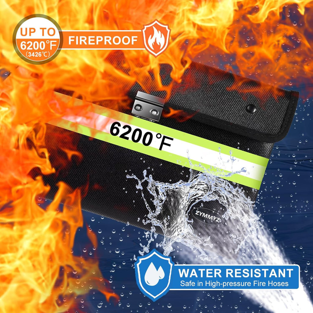6200℉ Insulated Fire Proof Money Bag for Cash with Lock,Fireproof Waterproof Document Pouches with Double-Sided Reflective Strip,Money Envelopes for Cash,Valuables,Jewelry