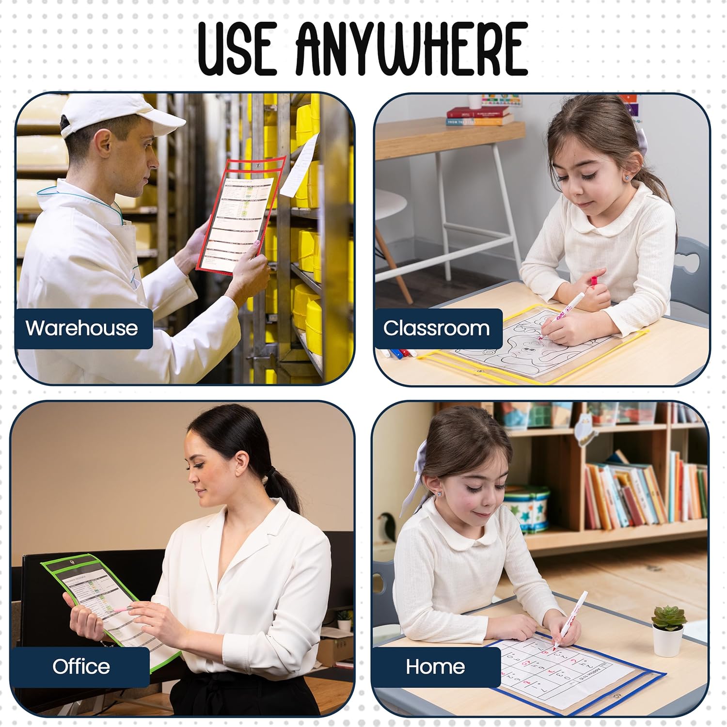 Essex Wares - 6 Pack, Assorted, Dry Erase Pocket Document Protectors, 10" Wide x 13.5" Tall- Dry Erase Clear Plastic Sleeves - Reusable & Easy Erase Plastic Invoice Holders, Water-Resistant & Durable
