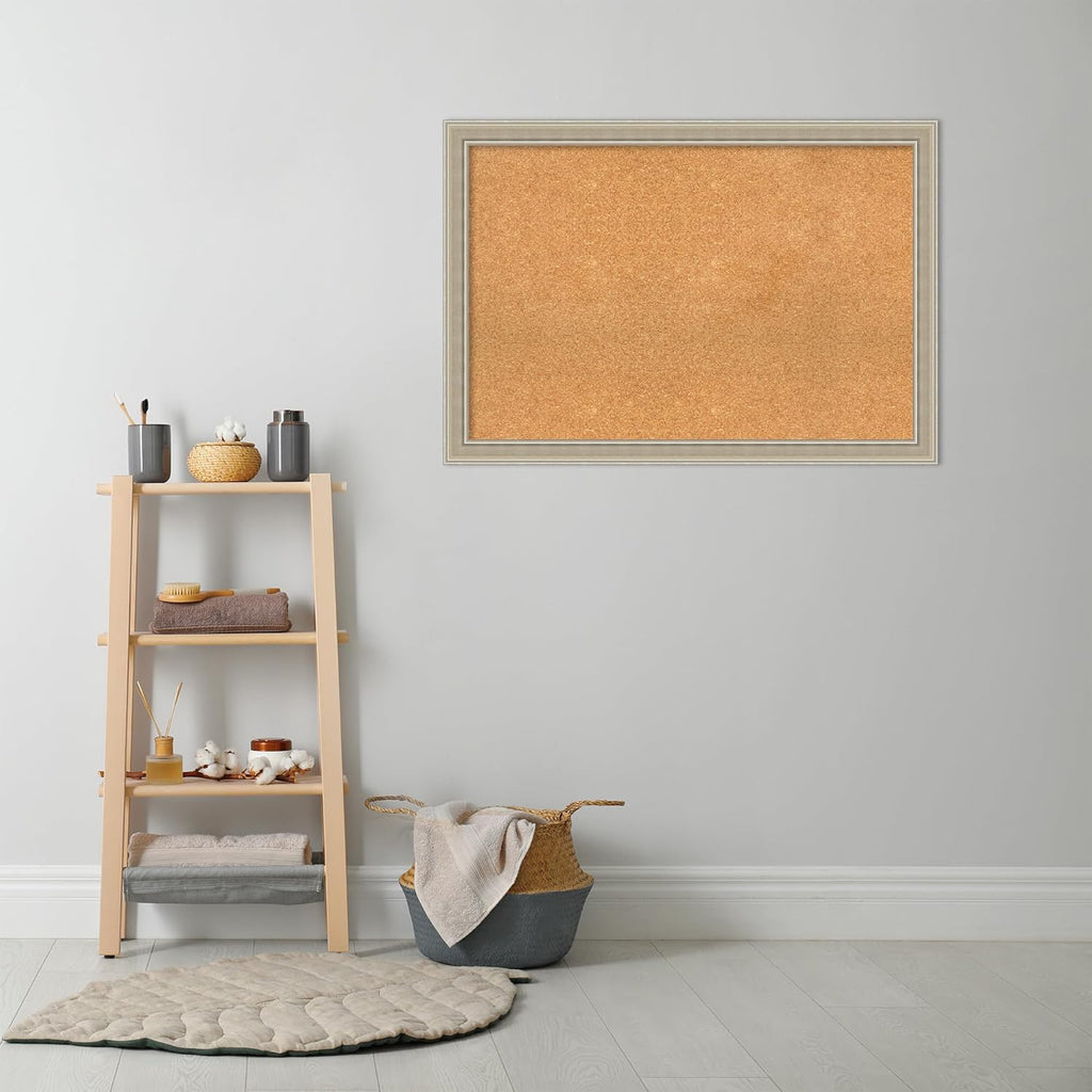 Amanti Art Natural Cork Board for Wall, 28x40 Vision Board with Silver Wood Frame, Large Corkboard Office Decor for Home Organization, Modern Contemporary Corkboard Pinboard to display items for home
