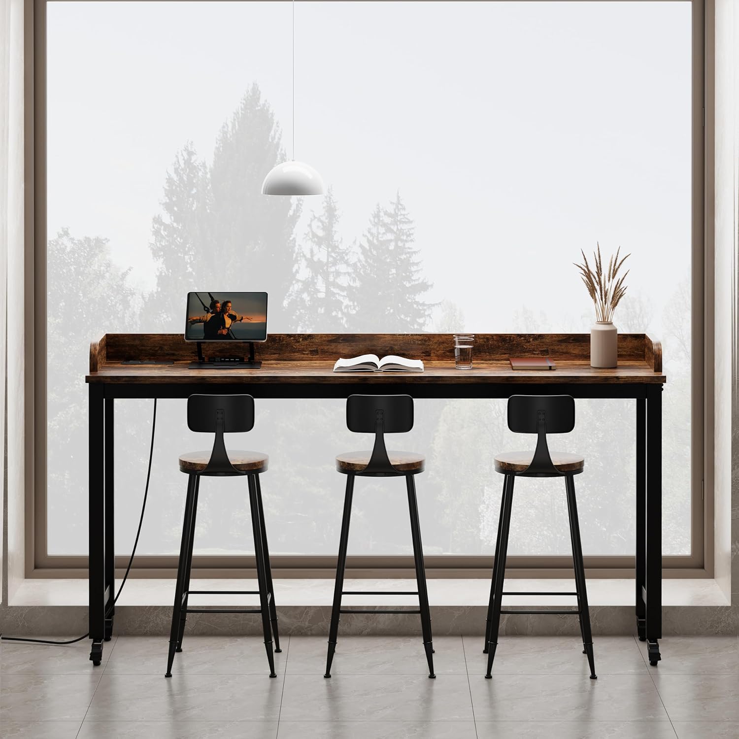 70.8" Standing Desk with Charging Station, Extra Long Desk on Wheels for Standing and Sitting, Sofa Table Behind Couch with Power Outlets and USB Ports, Easy Assembly, Walnut