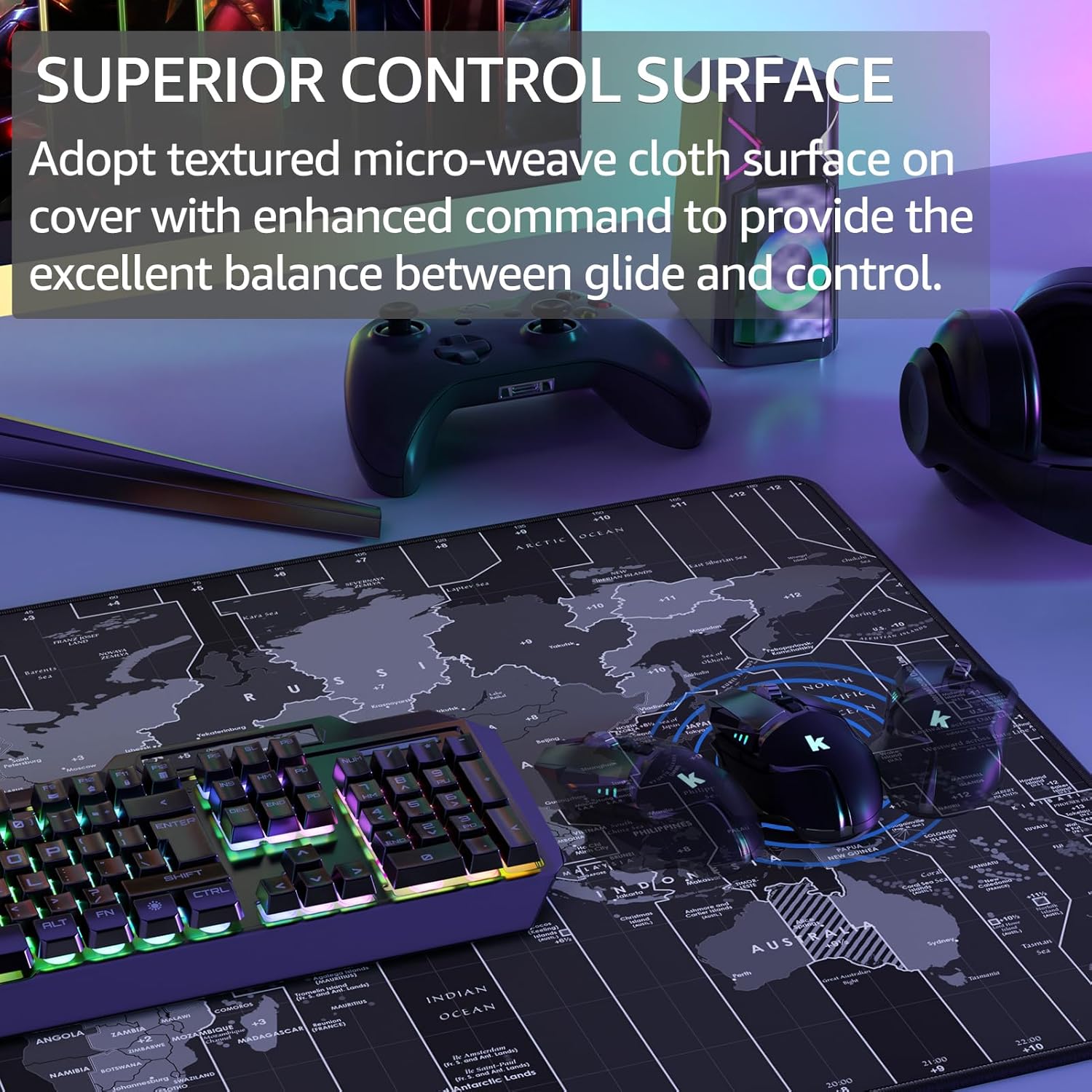 KTRIO Large Gaming Mouse Pad with Stitched Edges, Extended Mousepad with Superior Micro-Weave Cloth, Non-Slip Base, Water Resist Keyboard Pad, Desk Mat for Gamer, Office & Home, 31.5x15.7in, World Map
