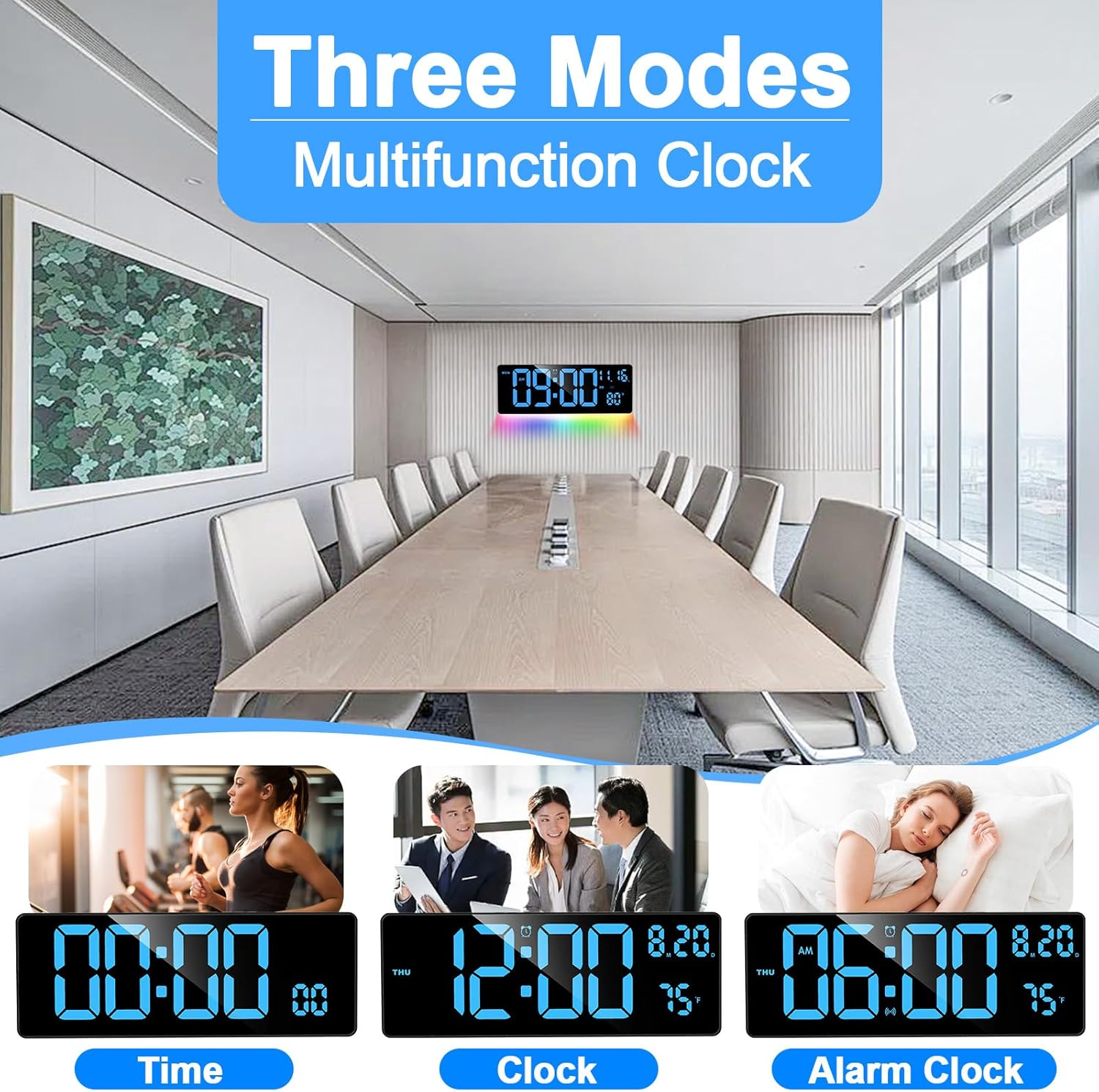 XREXS Digital Wall Clock Large Display, 16.5" LED Wall Clock with 6 Color Changes Night Lights, Auto DST, Count Up/Down Timer with Remote Control for Living Room Bedroom Office Wall Decor