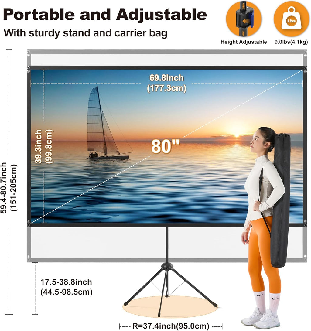 Outdoor Projector Screen 80 Inch, 16:9, High Gain, Projector Screen with Stand, Wind-resistant Design for Portable Projection Screen Outdoor, With Ropes and Spikes, 4K Image for Home Theater, Camping.