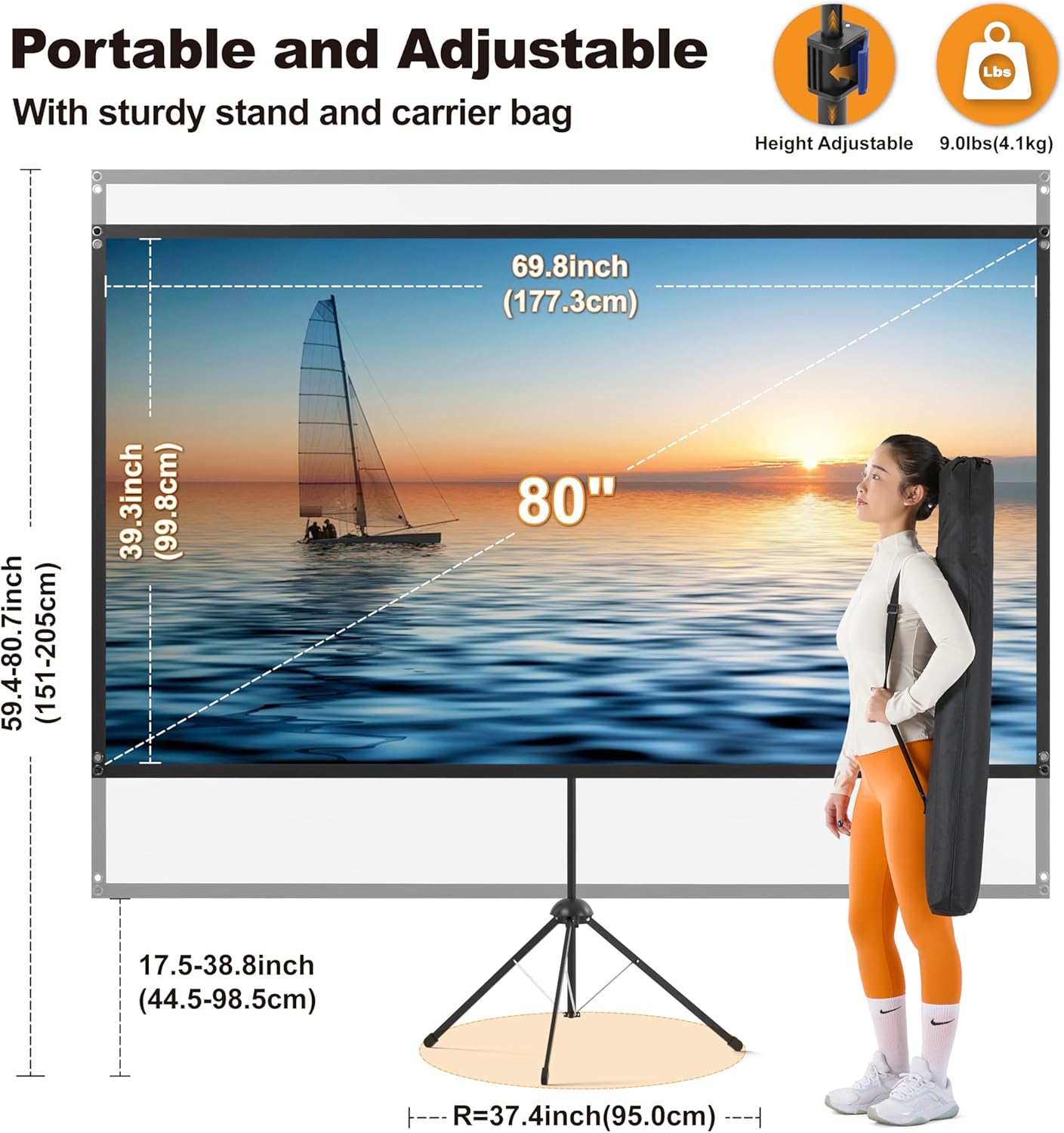 Outdoor Projector Screen 80 Inch, 16:9, High Gain, Projector Screen with Stand, Wind-resistant Design for Portable Projection Screen Outdoor, With Ropes and Spikes, 4K Image for Home Theater, Camping.