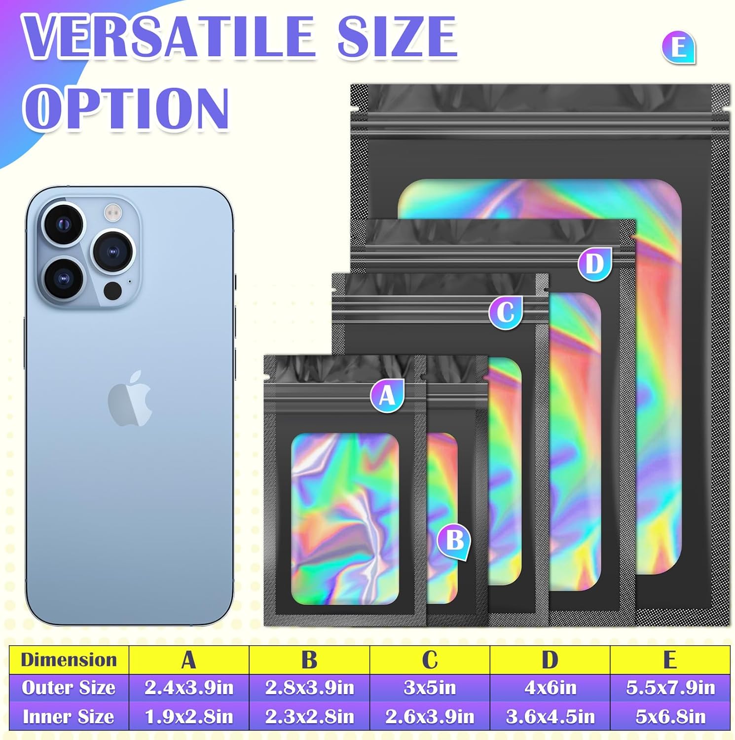 100 PCS Black Smell Proof Bag, Mylar Bags, Holographic Bags with Clear Window, Resealable Bags for Small Business, Packaging Bags for Bracelets, Jewelry, Candy, Gift, Sample Bags （2.4x3.9in）