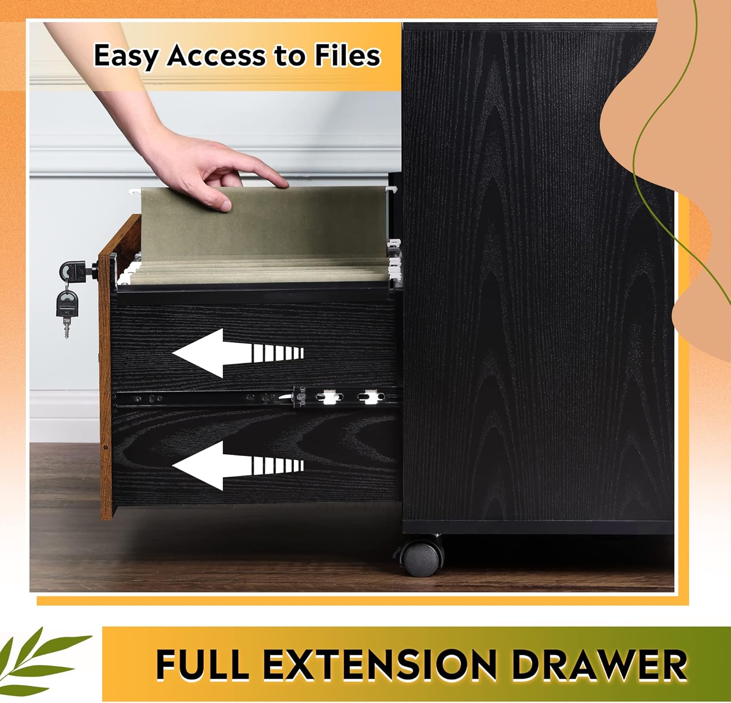 DEVAISE File Cabinet with Charging Station, 1 Drawer Rolling File Cabinet, Locking Filing Cabinet for Home Office, Wood Printer Stand with Storage, Rustic Brown