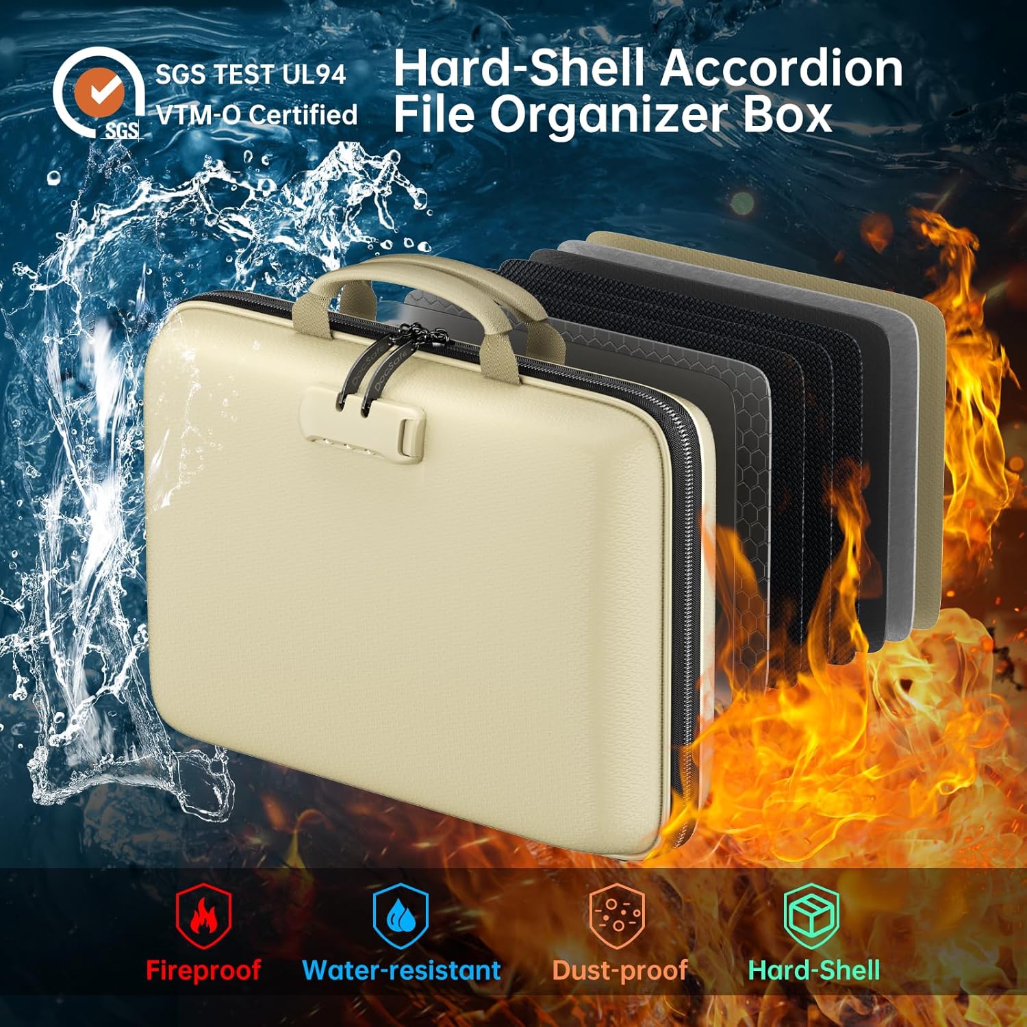 DocSafe Fireproof File Organizer with Lock, Hard-Shell Case Fireproof Document Box with 13 Pocket Accordion File Folder, Portable Home Office Travel Safe Storage for Important Documents Laptop Beige