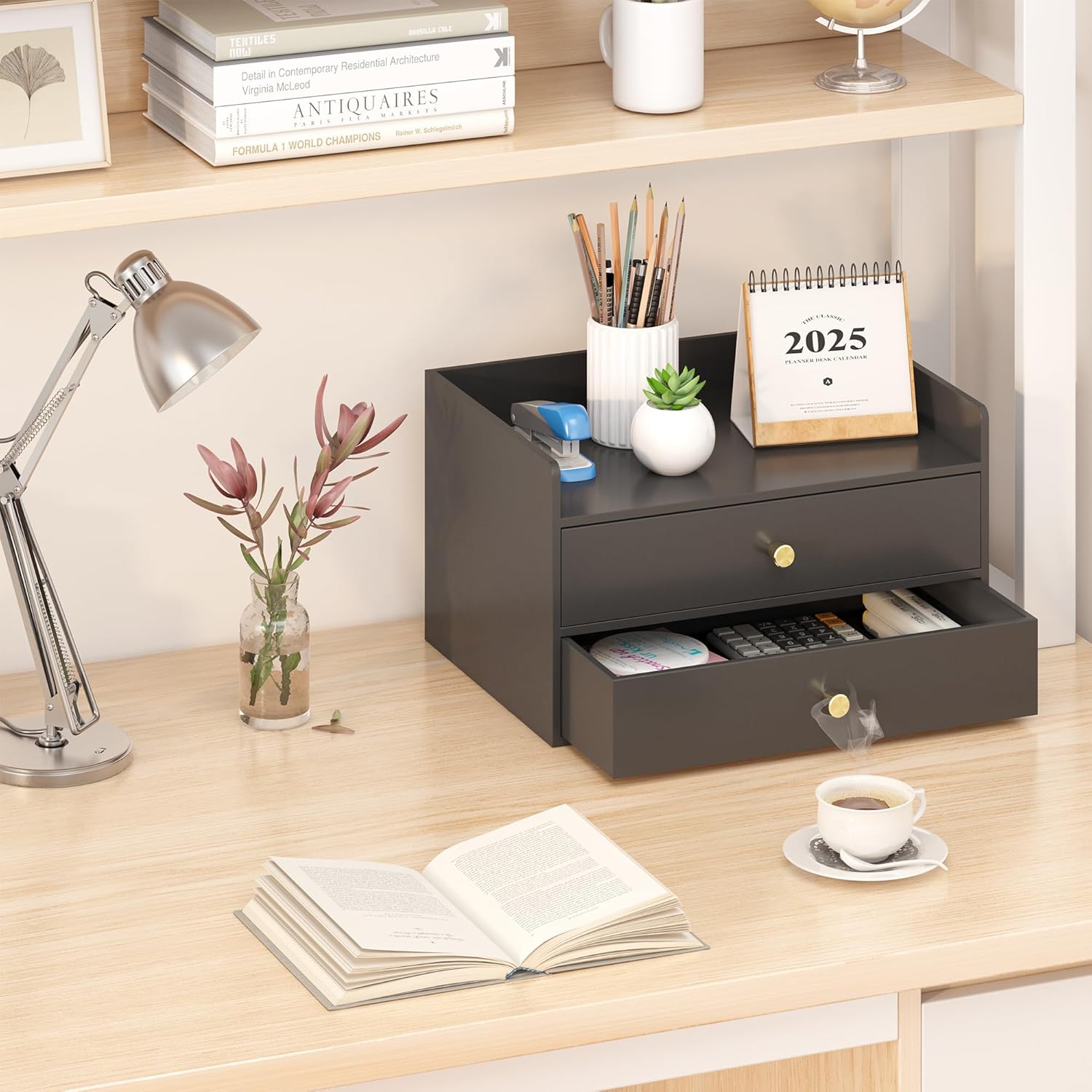 Bamboo Desk Organizer - Stackable, No Assembly Required, Ideal for Office/Home Use - Perfect for Toiletries, Stationery, Accessories. (Black, Two level drawer box with sides)