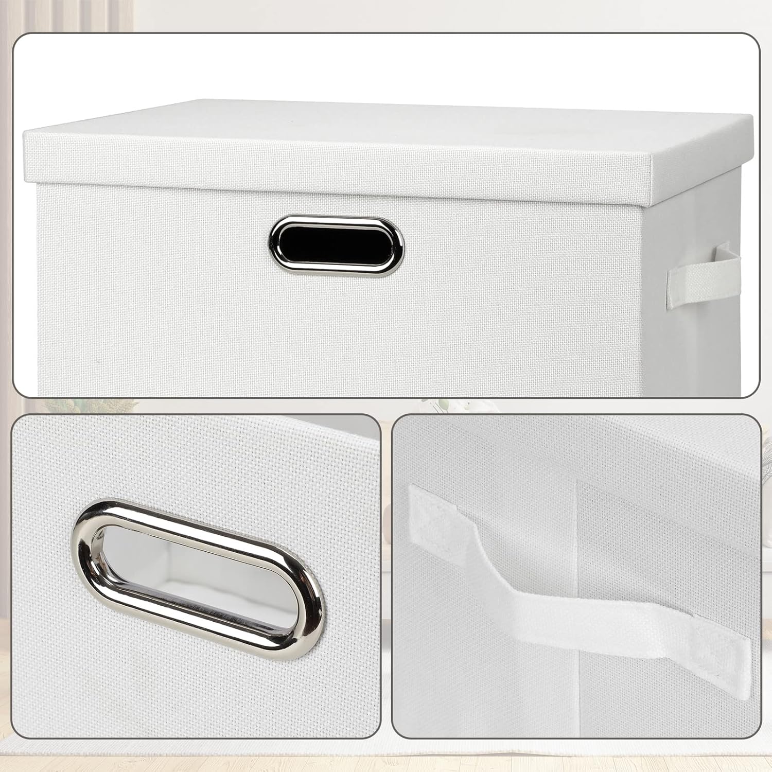 Large 17" 36 Quart Collapsible Stackable Storage Bins with Lids, 1 Pack White Foldable Fabric Closet Storage Boxes with Lids, 4 Handles Heavy-duty Linen Cube Baskets for Bedroom