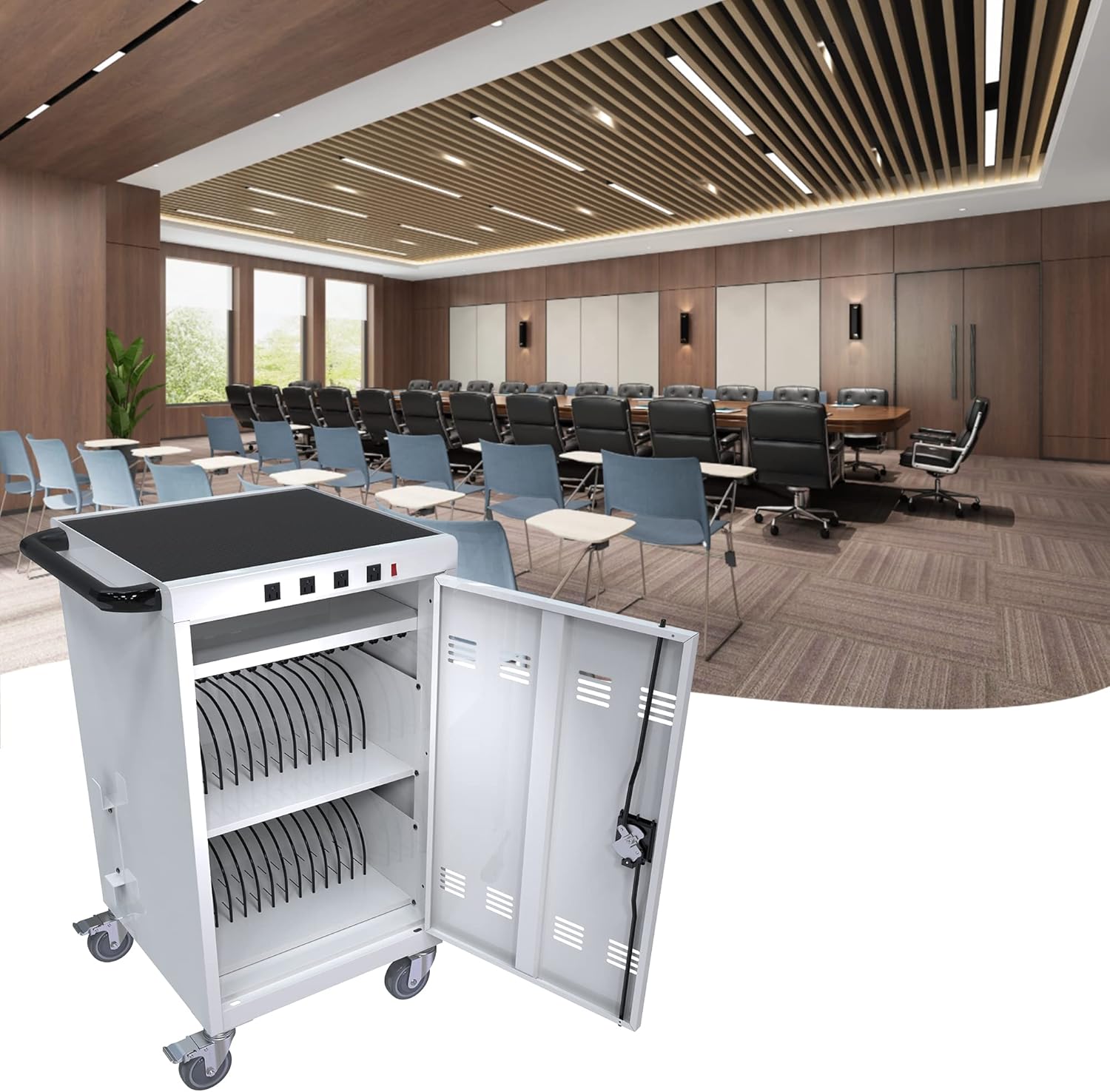 36 Device Charging Cart, Laptop and Tablet Storage Cart, Holds Up to 16.3" with Cord Management, Front and Rear Door Locks, Classroom or Office Charging Cabinet.White with 4 Position Power Strip