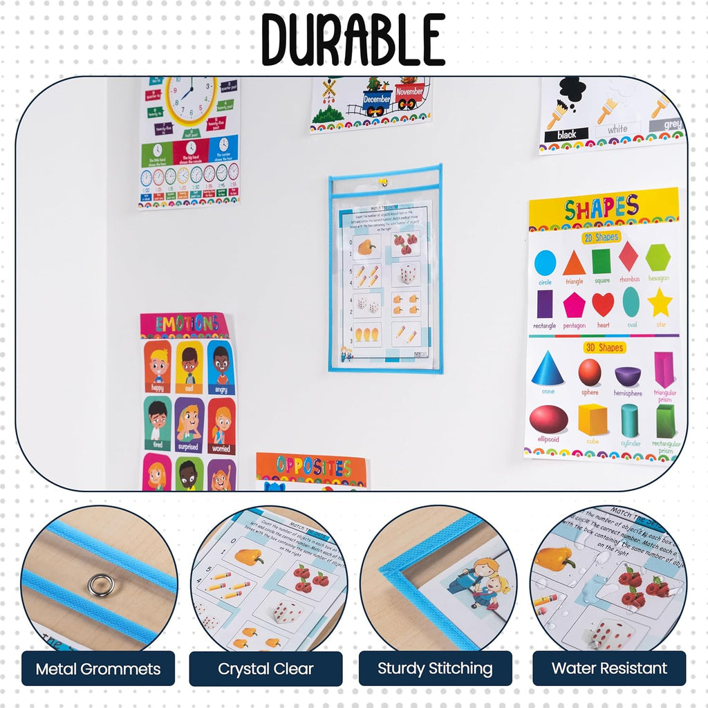 Essex Wares - 6 Pack, Light Blue, Water-Resistant Dry Erase Pocket Document Protectors, 10" Wide x 13.5" Tall - Dry Erase Clear Plastic Sleeves - Reusable & Easy Erase Plastic Invoice Holders