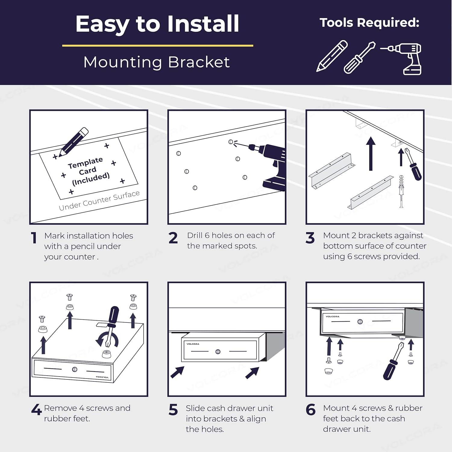 Volcora Cash Register Drawer with Under Counter Mounting Metal Bracket, 13" Black Cash Drawer for POS, 4 Bill 5 Coin Cash Tray, Fully Removable 2Tier Compartment 24V RJ11/RJ12 Key-Lock, 2 Media Slots