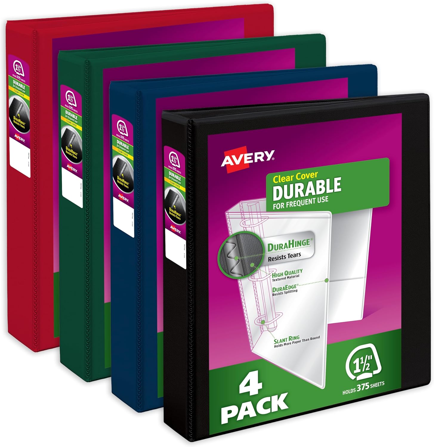Avery Durable View 3 Ring Binders, 1.5 Inch Slant Rings, 375-Sheet Capacity, Assorted Dark Colors, 4-Pack (05622) – for School, Office, Teachers, Classrooms & Home Organization
