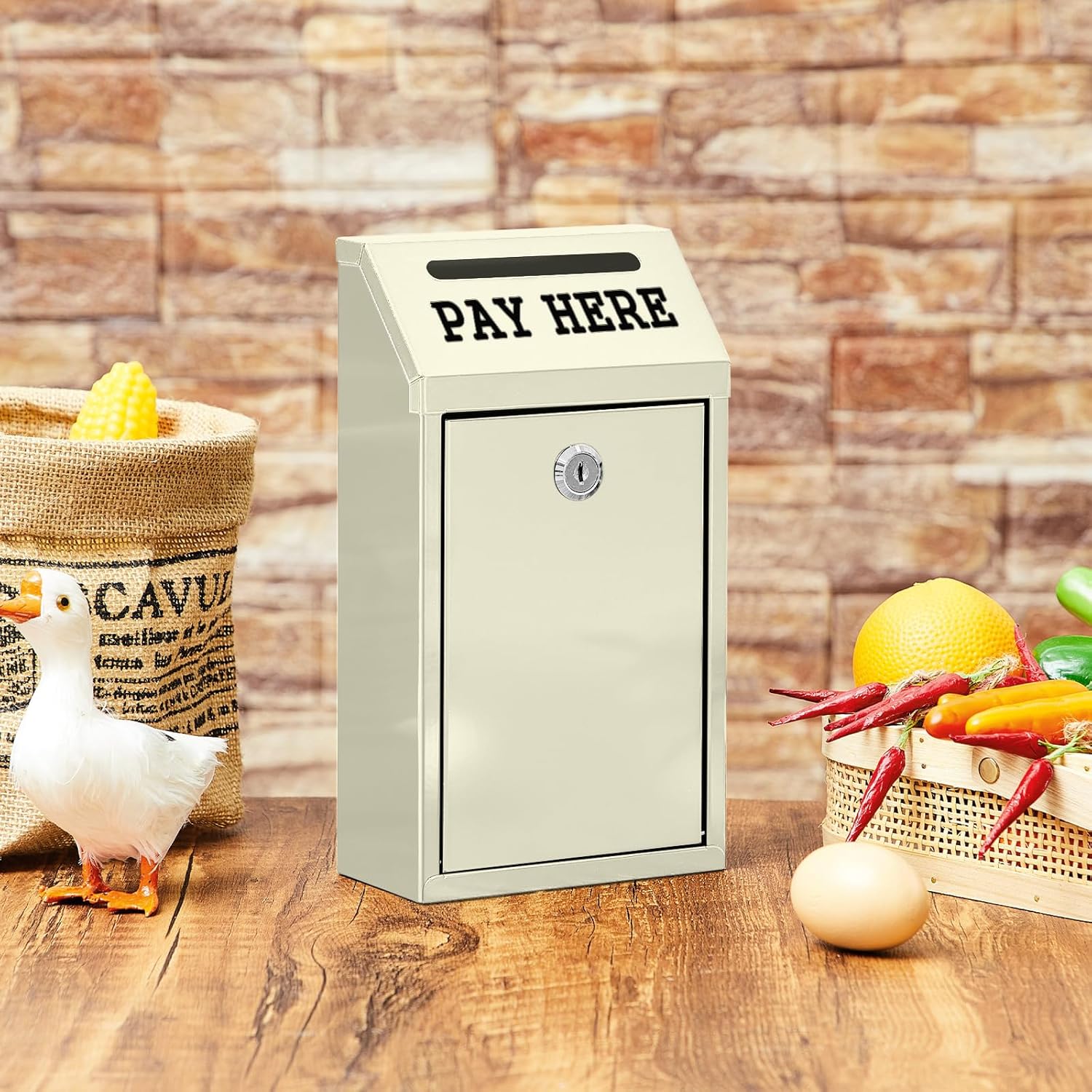 Safe Cash Box Money Collection Metal Donation Box with Lock Wall Mount Pre Drilled Mailbox Delivery Ballot for Home Office Outdoor Self Serve Stand (Beige,10.2 x 5.7 x 2.8 Inch)