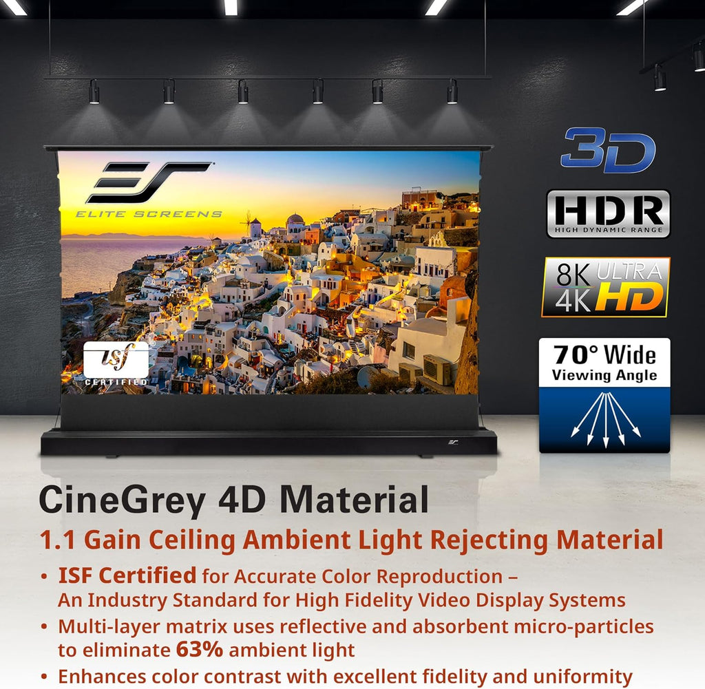 Elite Screens Kestrel Tab-Tension 3 CineGrey 4D, 150 inch 16:9, Standard Throw ISF Ceiling Ambient Light Rejecting (CLR/ALR) Electric Floor-Rising Projector Screen, Programmed Remote Kit, FTE150H3-C4D