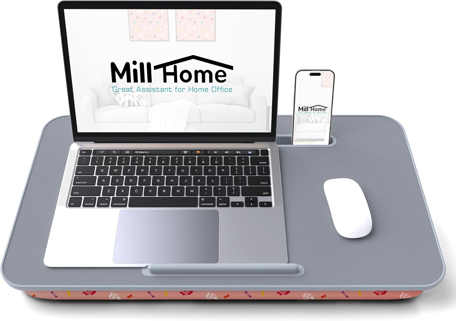 Lap Desk | Portable Laptop Desk – Fits Up to 17.3" Laptops – Detachable & Washable Cushion, Phone Holder, Device Ledge – for Writing, Working, Reading on Bed, Couch, Sofa, Floor – Millhome -Peach Pink