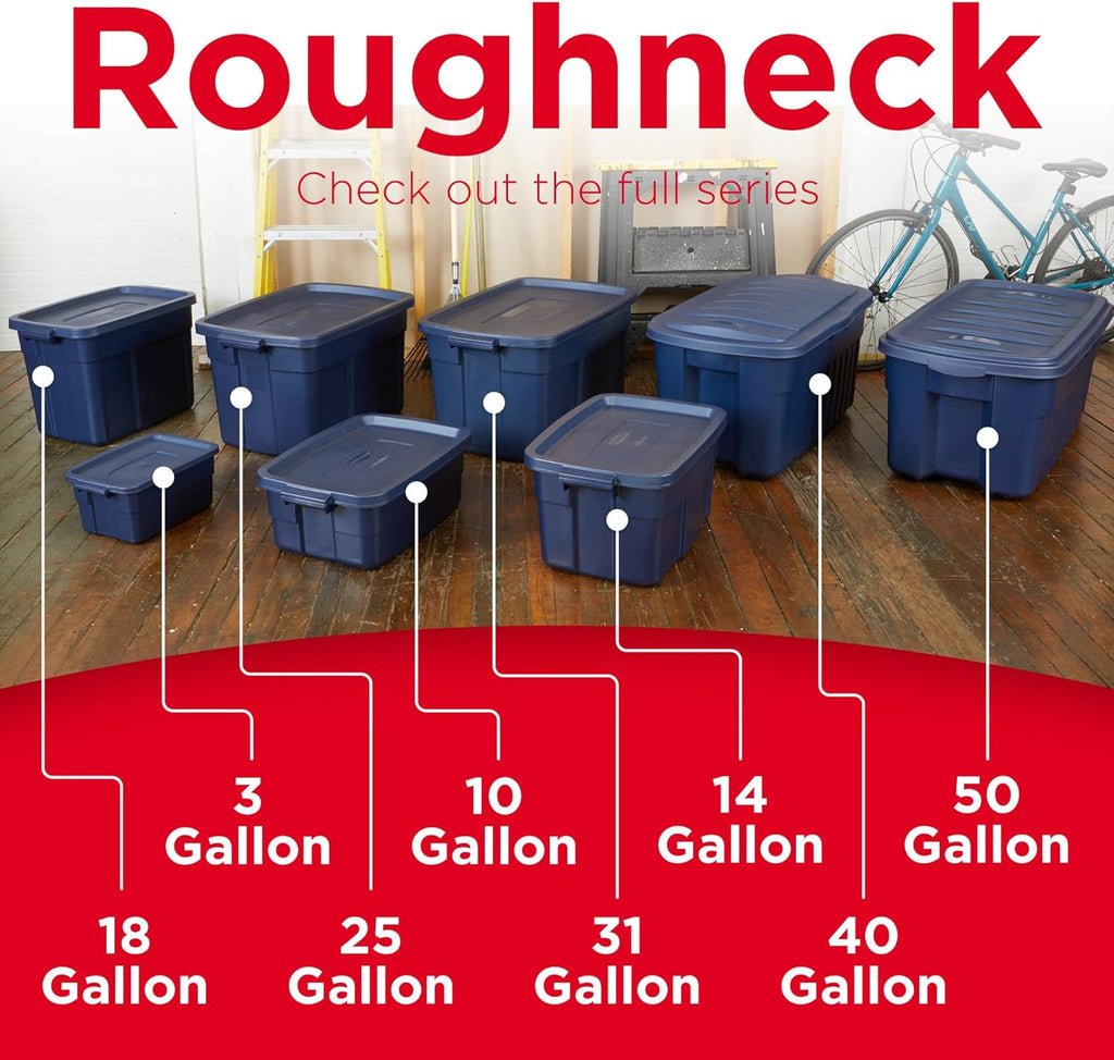 Rubbermaid Roughneck Tote Variety - |Made in the USA| Dark Indigo Metallic, Rugged Plastic Stackable Storage Tote with Lid and Handles (Pack of 10)