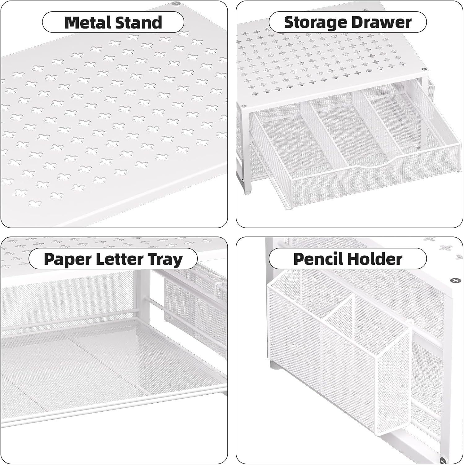 Marbrasse Metal Printer Stand for Desk with Storage Drawer and 2 Pen Holders, 2-Tier Desktop Organizer Printer Table for Home Office, Multi-Purpose Desk Organizer for Fax Machine Scanner Files(White)