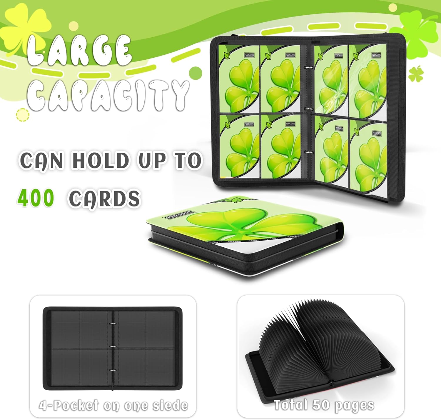 Trading Card Binder 4 Pocket，Card Binder 400 Pockets Card Book Holder Cards with 50 Removable Sleeves，3-Ring Zip Design MTG/TCG/Sport Collectible Trading Card Albums Gifts for Boys and Girls (Leaf)