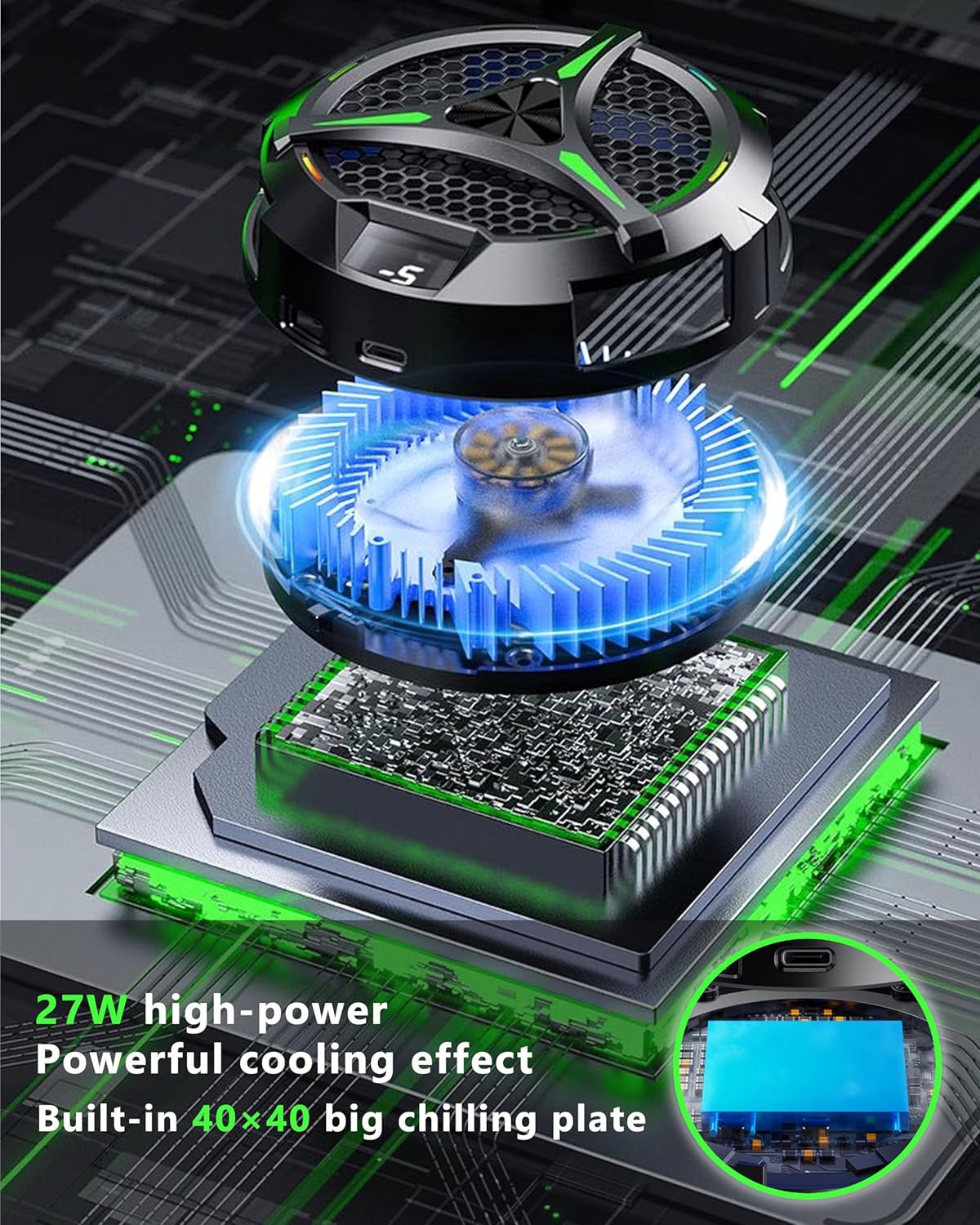 iPad Cooler,Magnetic Tablet Cooler for ipad/Surface pro/Samsung Tab,iPad Cooing Fan with Temperature Display for Mobile Gaming,Tiktok Live Streaming (Green Mech+3 pcs Magnetic Suction Sheet)