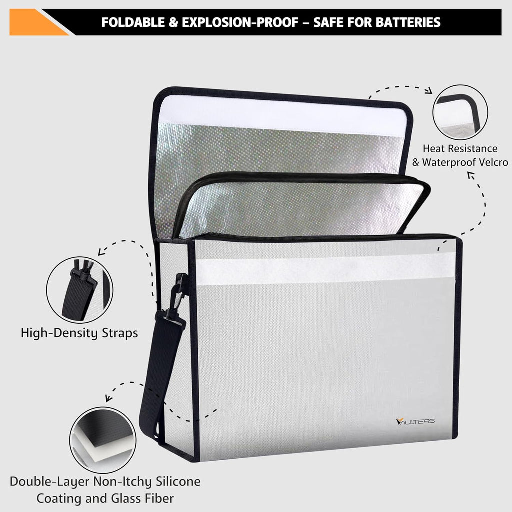 Fireproof Document Bag with Lockable Zipper - 2000°F Heat Resistant & Waterproof Bag with Reflective Strip, Shoulder Strap - Fireproof Money Box & Document Organizer for Home, Office, Travel