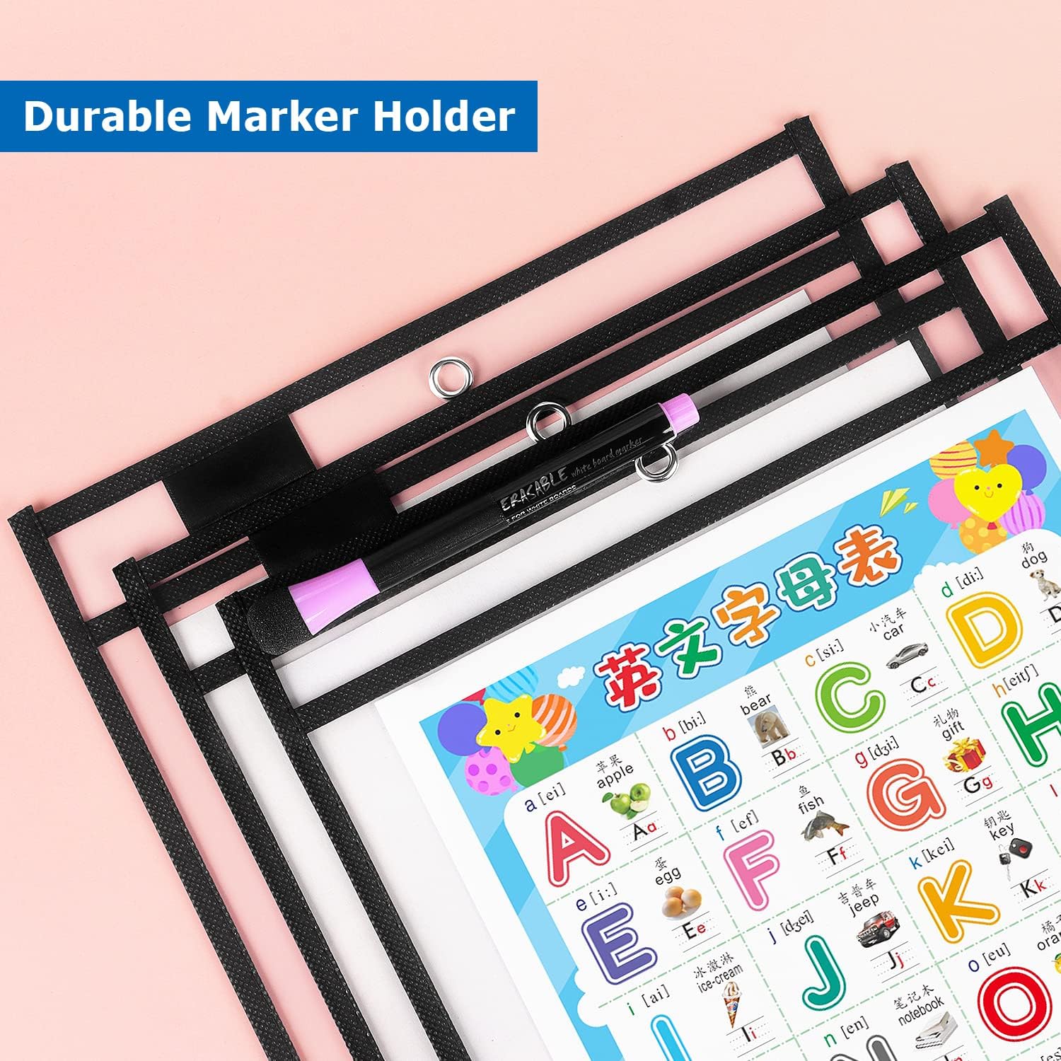 Tamaki 8 Pack Dry Erase Pockets Sleeves with Rings, 10 x 14 Inch Ticket Holders Clear Plastic Sheet Protectors for Teacher Classroom Supplies, Black