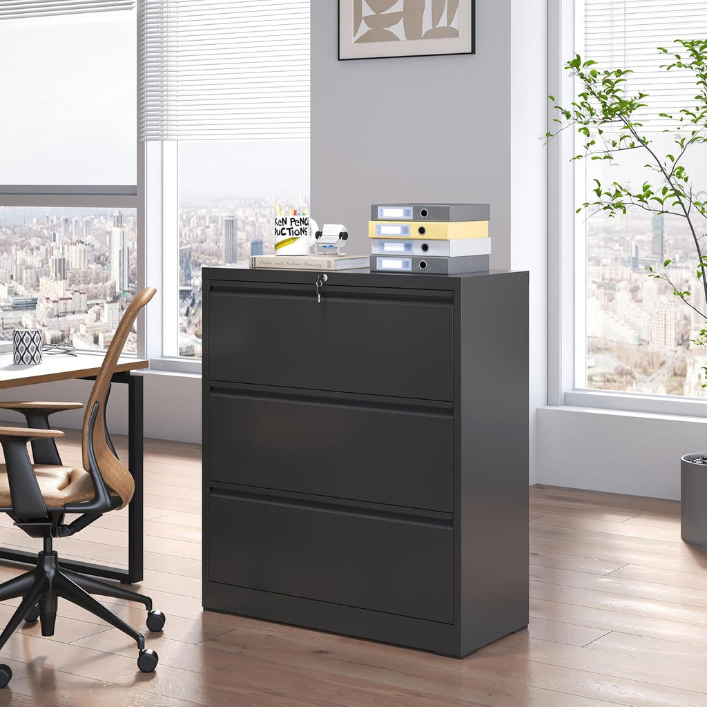 3 Drawer Lateral File Cabinet with Lock, Metal Filing Cabinets for Home Office, Steel Storage Wide File Cabinet for Letter/Legal/F4/A4 Size with Hanging Bars, Assembly Required (Black)