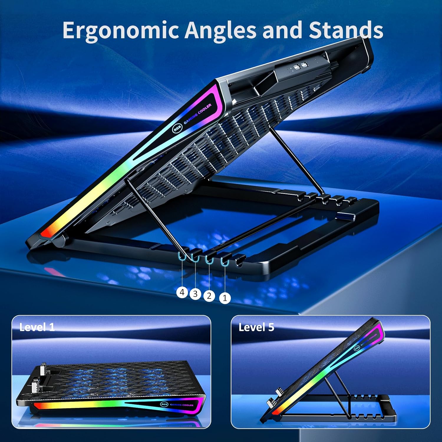 AICHESON Gaming Laptop Cooling Pad with 15 Cooler Fans, RGB Ultimate Computer Stand Base with Silent Fans for 15-18 Inch Laptops, Blue LED Lights