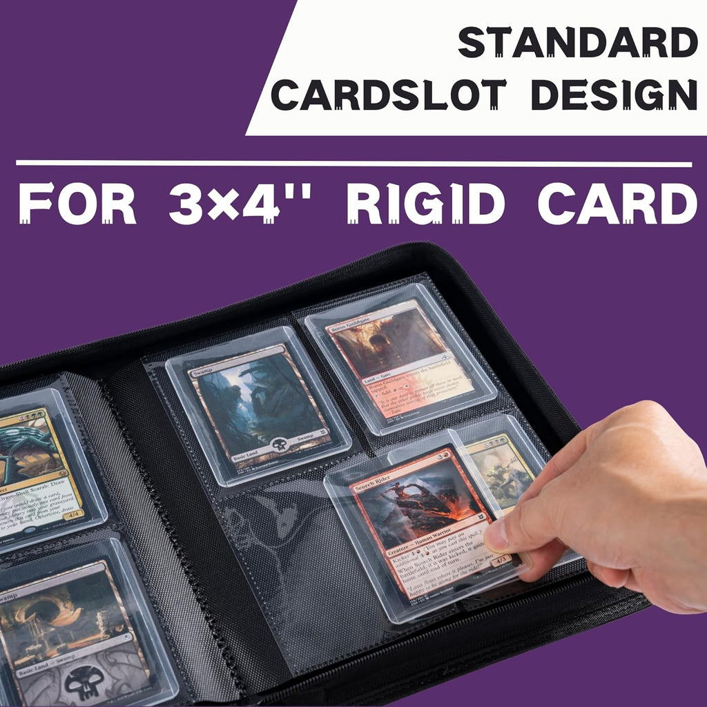 Toploader Binder, Holds 128+ Toploaders, 4 Pocket Top Loader Card Storage Case, Double-Sided Pockets for trading card in 3 x 4'' Toploaders (Pueple)
