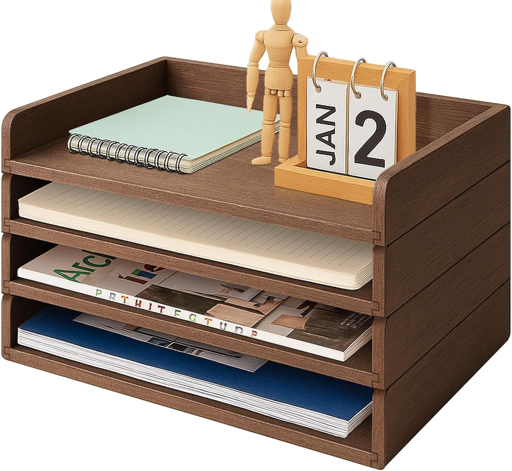 PROLEE Wooden Paper Tray Organizer for Desk,Stackable Paper Holder and Letter Tray,4-Tier Desktop File Storage Rack for Study,Home and Office(Walnut,14" x 9.5" x 2.5")