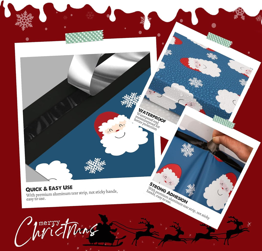Christmas Poly Mailer - 12x15.5 Inch, 50 Pcs Waterproof Shipping Bags for Clothing, Tear-Resistant, Strong Mailing Bags with Self-Seal - Santa Claus and Snowflakes Printed