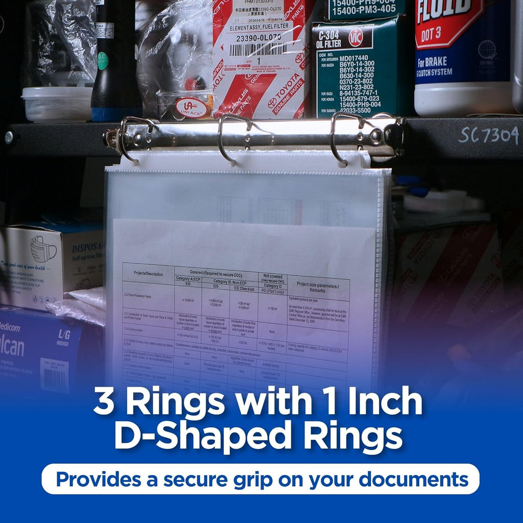 Magnetic 3 Ring Binder Locking Mechanism – 10 Pack – for Hanging 8.5 x 11 Inch Sheets of Paper – 3 Rings – 1 Inch D Shaped Rings – 5S Visual Aid - 50 Sheet Protectors Included
