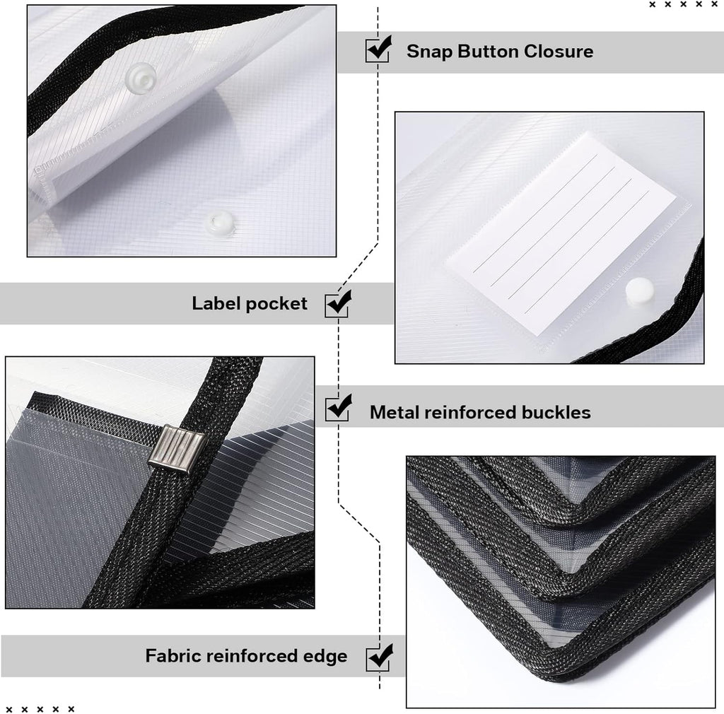 10 Pieces Plastic File Folders Envelope Expanding File Wallet Organizer Documents Folder with Snap Closure and Pocket, A4 Size Waterproof Transparent Pouch(Black,Horizontal)