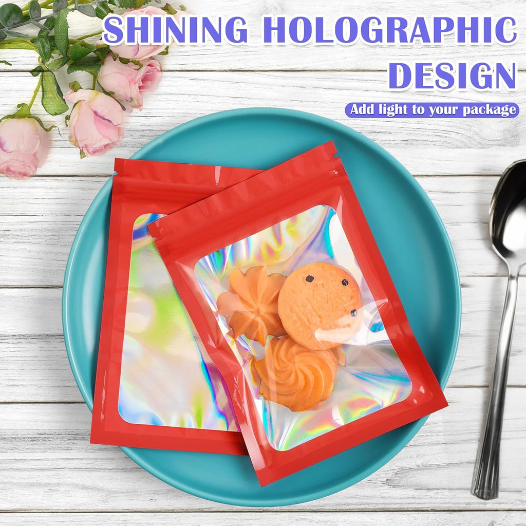 100 Pcs Mylar Bags, Smell Proof Bags Foil Pouch, Holographic Resealable Bags for Small Business, Candy Sample Jewelry Bag Sealable Packaging for Party Favor Food Storage (5.5x7.9in-Red)
