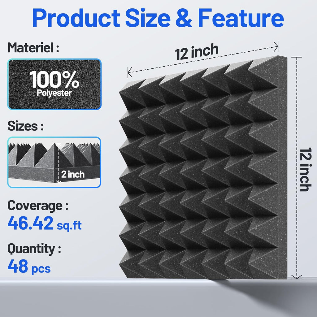 48 Pack Pyramid Sound Proof Foam Panels for Walls with Updated Self-Adhesive 2"X12"X12" High Density Acoustic Panels Sound Absorbing Fast-Expanding Soundproof Wall Panels for Gaming Studio Decor-Black