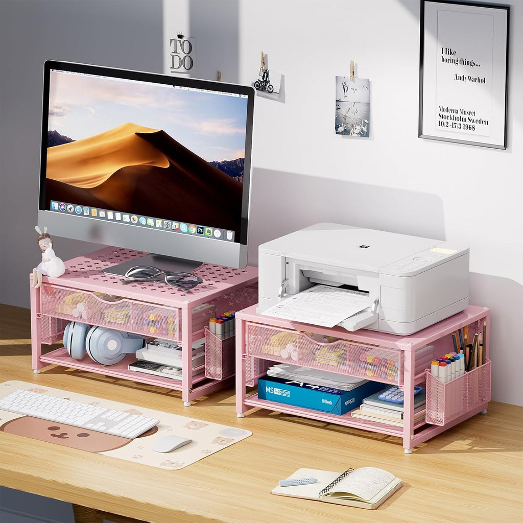 Marbrasse Metal Printer Stand for Desk with Storage Drawer and 2 Pen Holders, 2-Tier Desktop Organizer Printer Table for Home Office, Multi-Purpose Desk Organizer for Fax Machine Scanner Files(Pink)