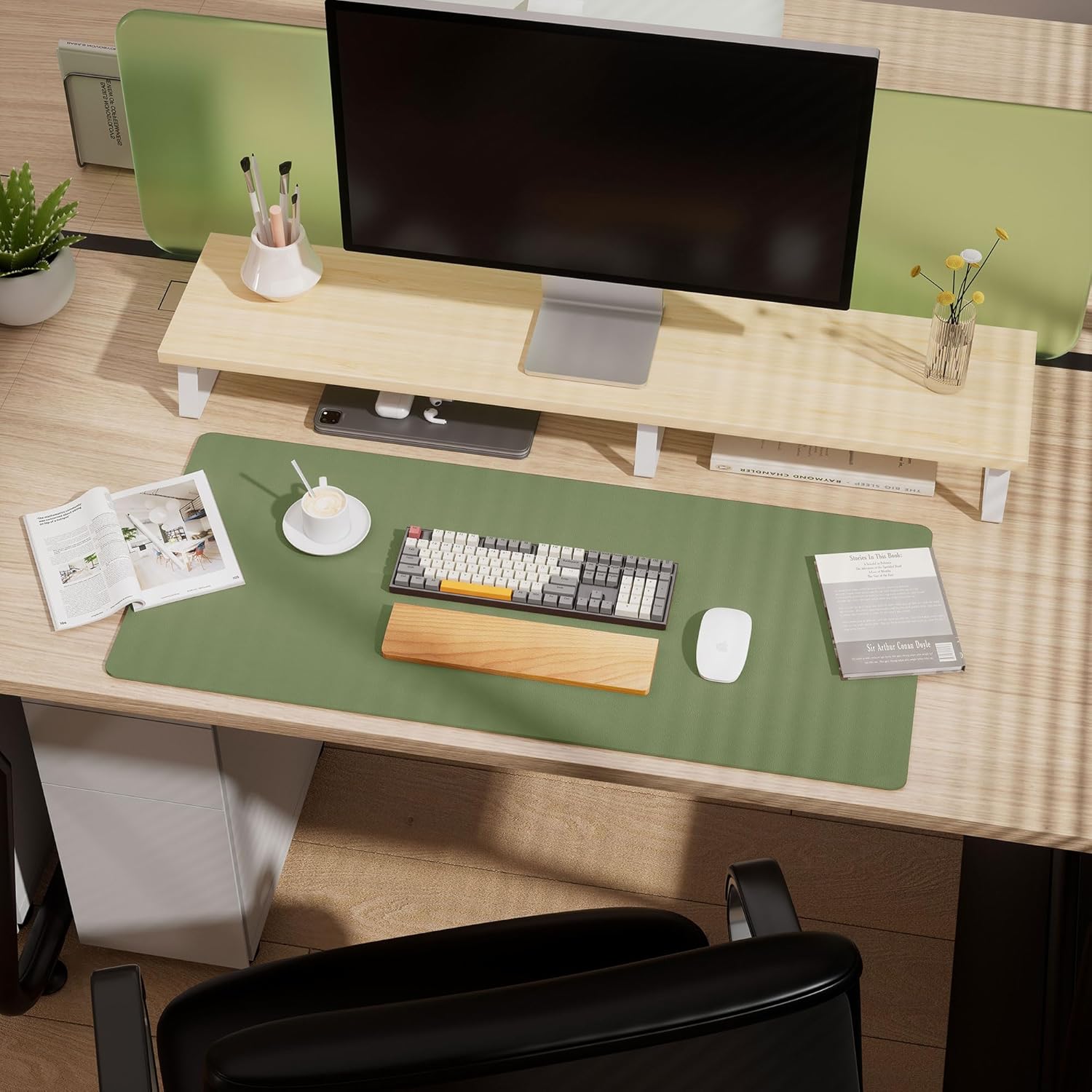 Aothia Dual-Sided Desk Pad - Leather Desk Mat, Natural Cork Desk Pad Protector, Large Mouse Pad for Desk, Waterproof Desk Blotter Pad, Desk Writing Pad for Office Work/Home, Olive Green (37.8"x17")