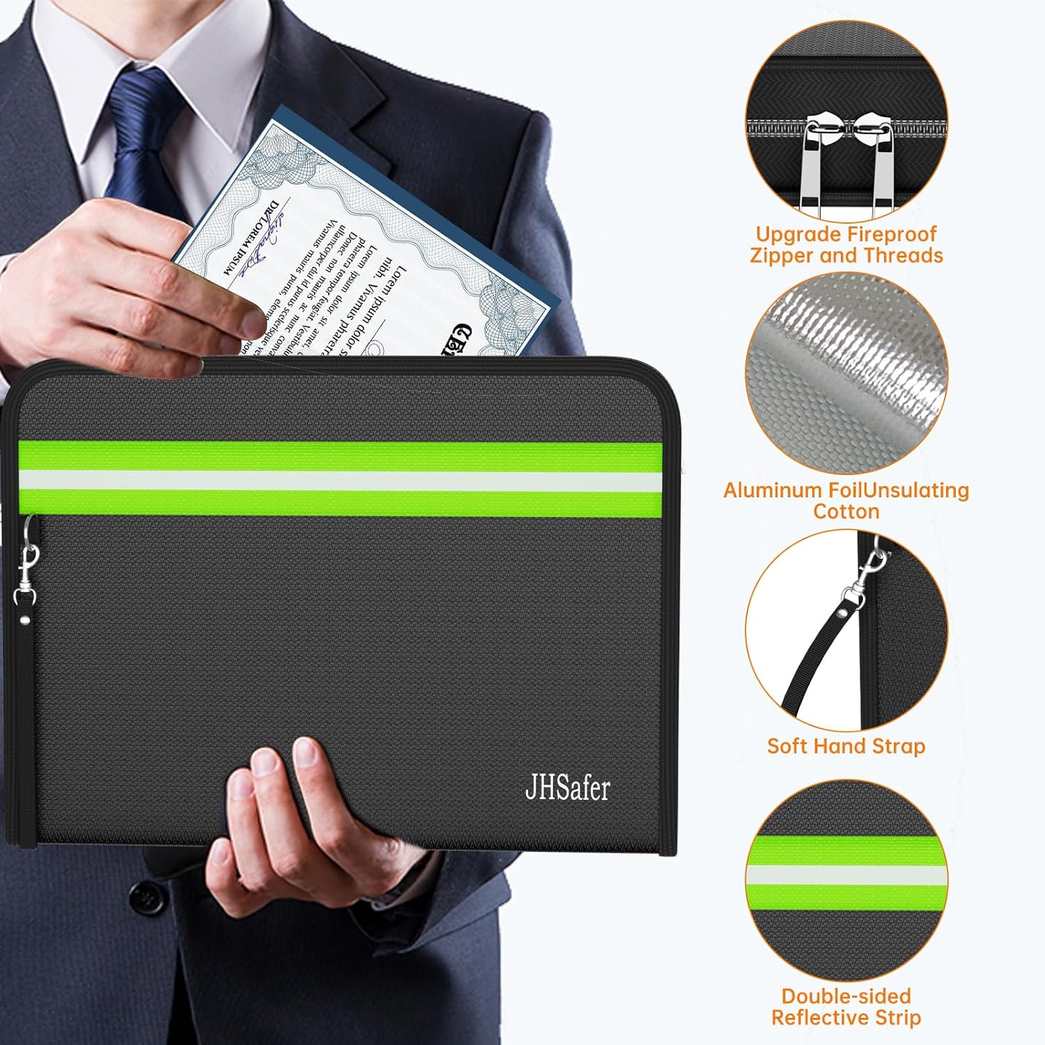 6400℉ Fireproof Document Bag,15” X 11” Waterproof Fireproof Money Bag with Zipper,12 Layers Insulated Fireproof Safe Bag with Reflective Strip for Documents,Passports,Cash,Valuables