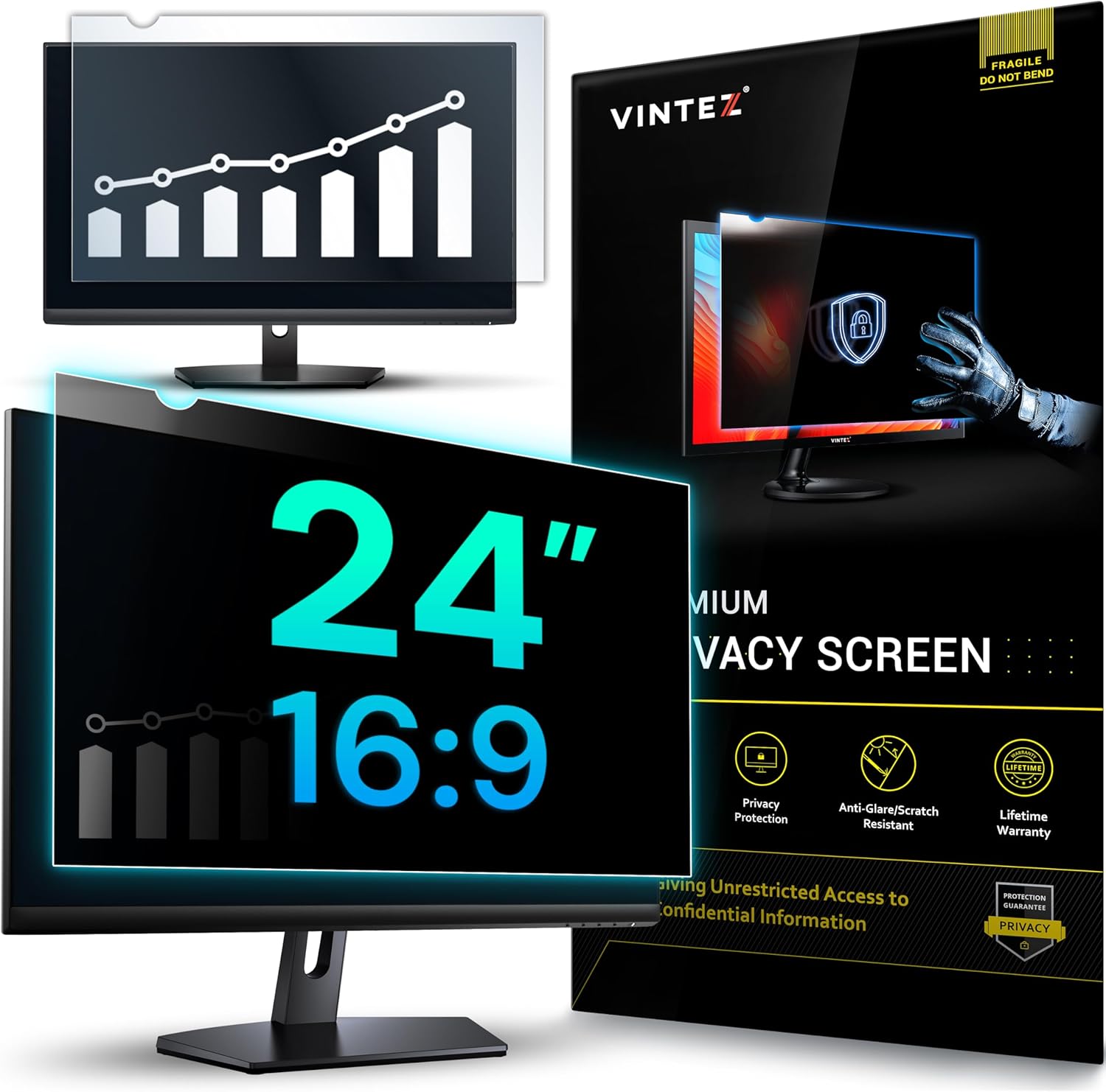 VINTEZ 24 Inch 16:9 Privacy Screen for Computer Monitor and Laptop - Anti Glare Protector Film Blue Light Filter Eye Protection - Computer Screen Privacy Shield, [1 Pack]