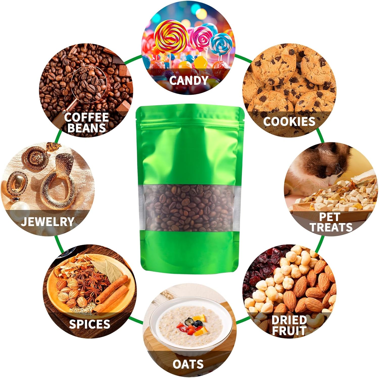 100 Pack Green Smell Proof Bags, Resealable Mylar Bags with Matte Window, Foil Pouch Stand Up Sealable Bags for Packaging, 7.08×10.23 Inch