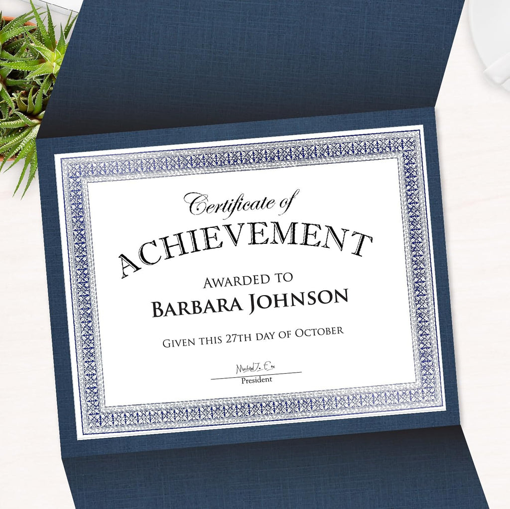 Certificate Holders - Tri-Fold Navy Linen 9.25x12.5 Inches - Embossed Die-Cut 80 lb Cover Stock - Silver Medallion Foil Stamp - Ideal for Awards - 218 GSM Document Holder