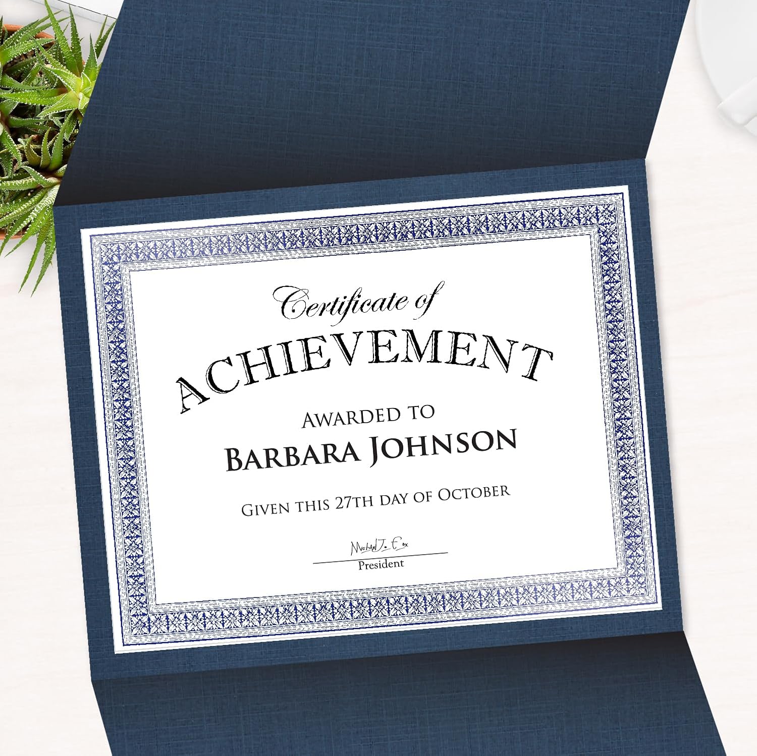 Certificate Holders - Tri-Fold Navy Linen 9.25x12.5 Inches - Embossed Die-Cut 80 lb Cover Stock - Silver Medallion Foil Stamp - Ideal for Awards - 218 GSM Document Holder