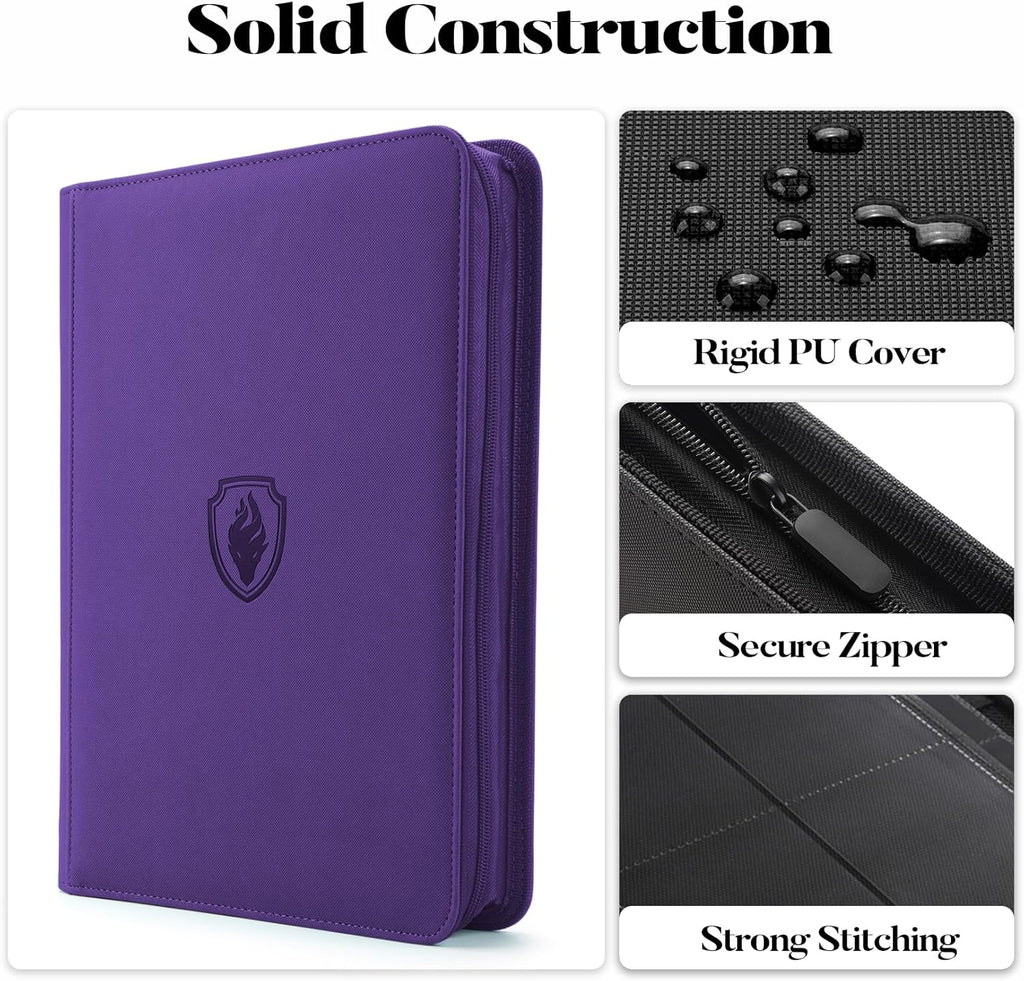 Premium Zip Card Binder, Fabmaker 9 Pocket Trading Card Binder, PU Cover Zipper Card Collection Album, Sturdy 360 Side-Loading Card Folder Holder for MTG, TCG, Game Cards, Sports Cards, Purple