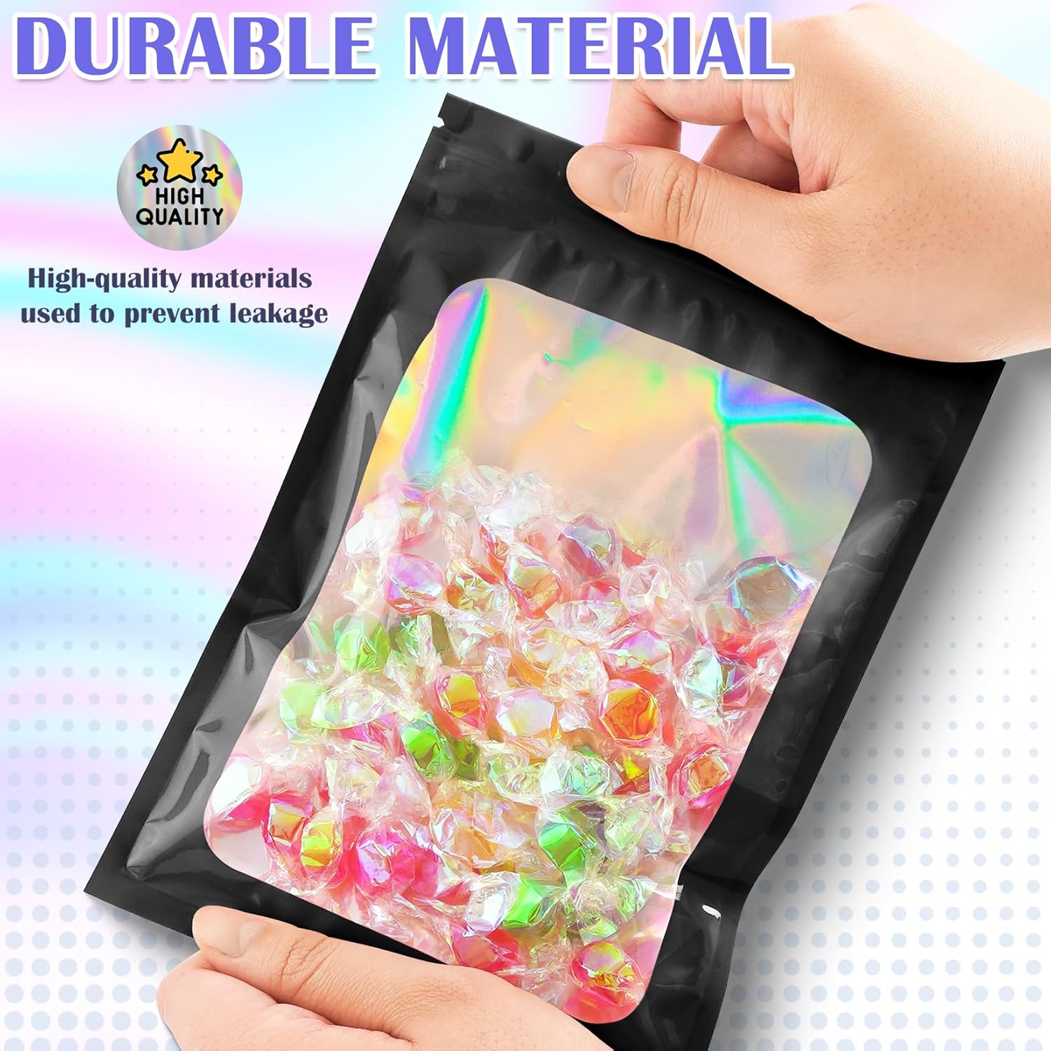 100 PCS Black Smell Proof Bag, Mylar Bags, Holographic Bags with Clear Window, Resealable Bags for Small Business, Packaging Bags for Bracelets, Jewelry, Candy, Gift, Sample Bags （2.4x3.9in）