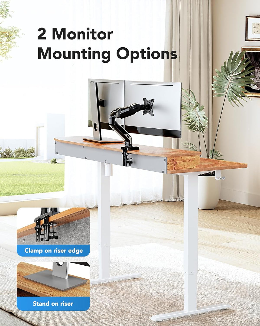 HUANUO 55″ x 26″ Electric Standing Desk with 2 Drawers, C-Clamp Mount Compatible, Height Adjustable Computer Desk, Home Office Stand Up Desk with 4 Preset Heights & 2 Hooks, Light Vintage