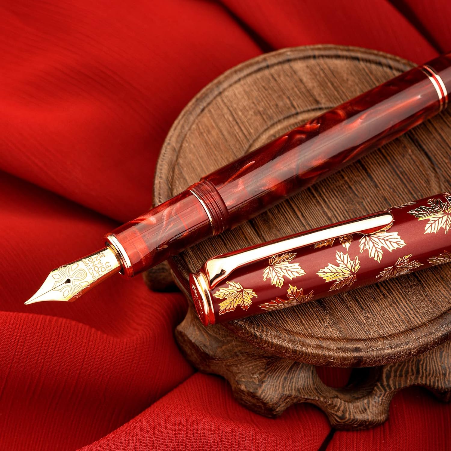 Hongdian N8 Red Acrylic Resin Fountain Pen, Iridium Extra Fine Nib Rose Gold Trim Maple Leaf Carving Cap, Smooth Writing Pen with Converter and Metal Pen Box Set