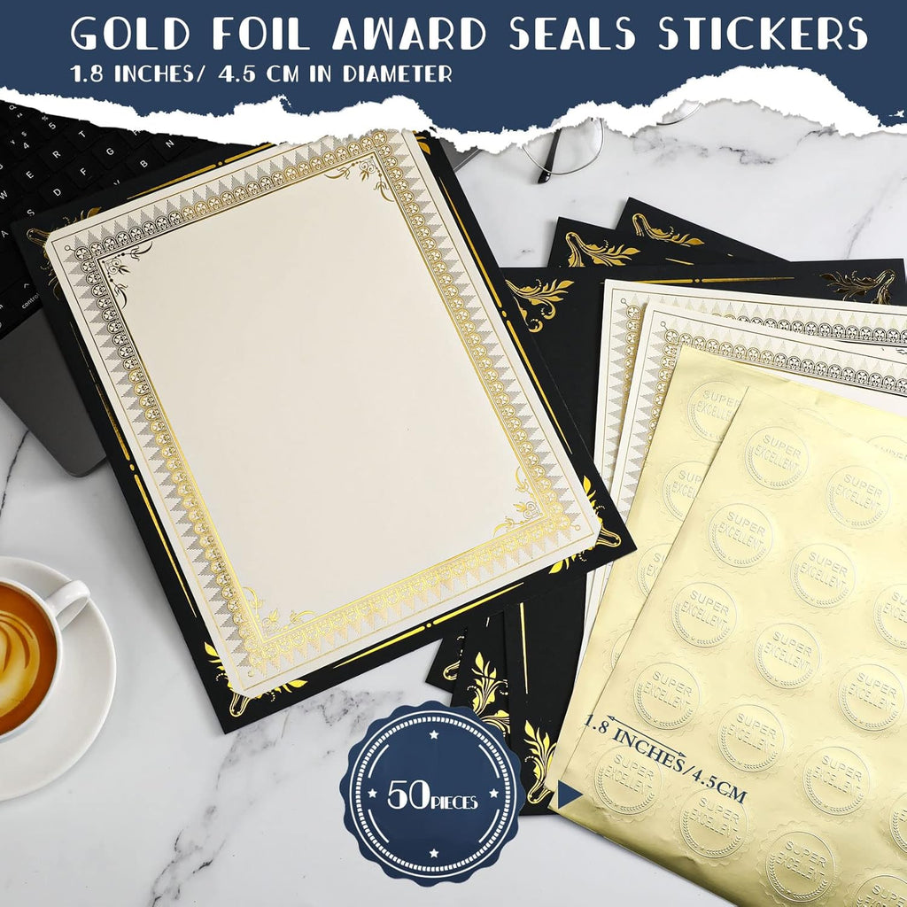 Fainne 50 Sets Certificate Kit Includes 50 Pcs 9.5 x 12 Inch Certificate Holders 50 Pcs Letter Size Papers 50 Pcs Foil Award Seals Diploma Covers for Appreciation(Black, Gold)